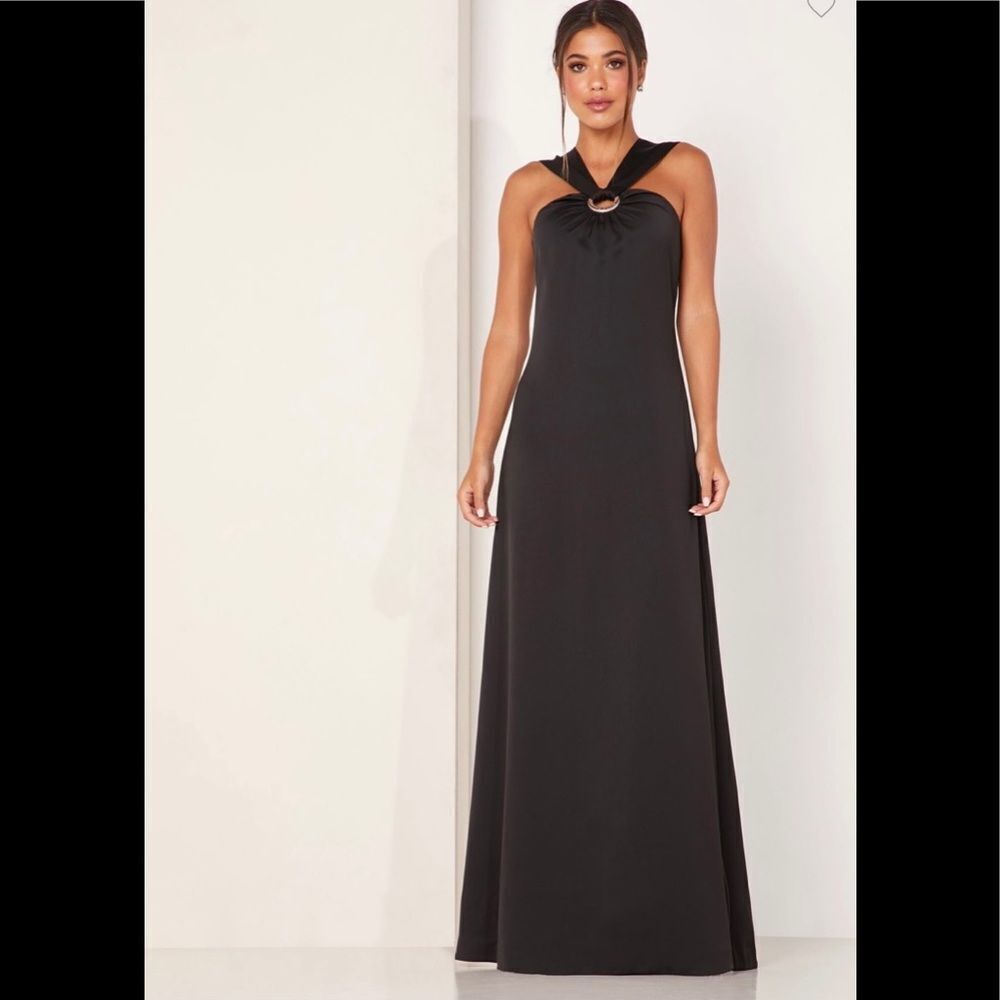 NEW Ted Baker Matilde metal ring black halter maxi dress M